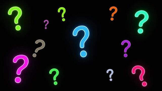 Multicolored question marks floating on black background with white space for text