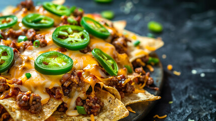 Loaded nachos with melted cheese and jalapenos
