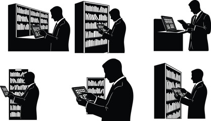 Man in suit using tablet in front of bookshelves silhouette © MstHosne