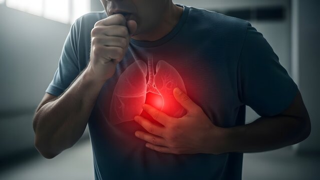 Man coughing and clutching chest, with glowing red lungs symbolizing respiratory illness or heart condition.