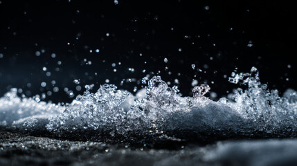 Ice crystals and fresh snow texture on a deep black background