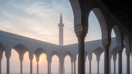 Misty Sunrise Through Arches of an Islamic Courtyard with a Dist