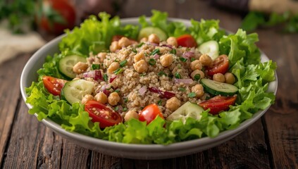 Nutritious vegan quinoa salad with chickpeas and fresh veggies