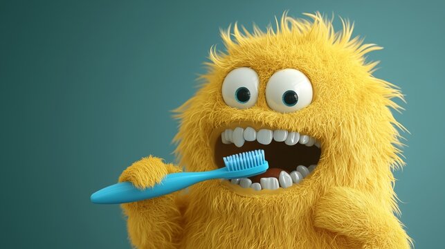 Yellow furry monster uses a toothbrush to clean its wide open mouth, showing healthy teeth. Dental hygiene and oral health concept for kids.