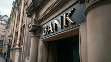 Obraz premium Gold BANK sign on building facade. Financial institution entrance. Money savings and investment concept. Corporate finance background.