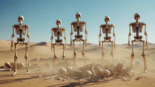 pile of bleached skeletons on a desert floor. Suddenly, the bones rattle and snap together, assembling themselves into standing figures in a rapid, jerky motion.
Prophet Ezekiel vision.