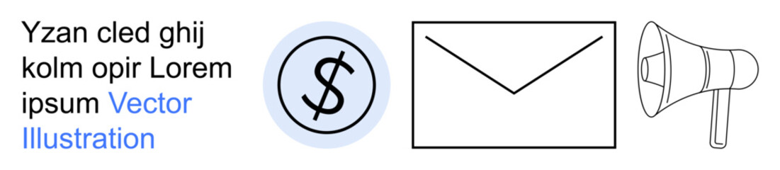 Obraz premium Finance, email communication, digital marketing, advertising, direct messaging, notifications. A dollar symbol, envelope and megaphone icons. Finance and email communication concept