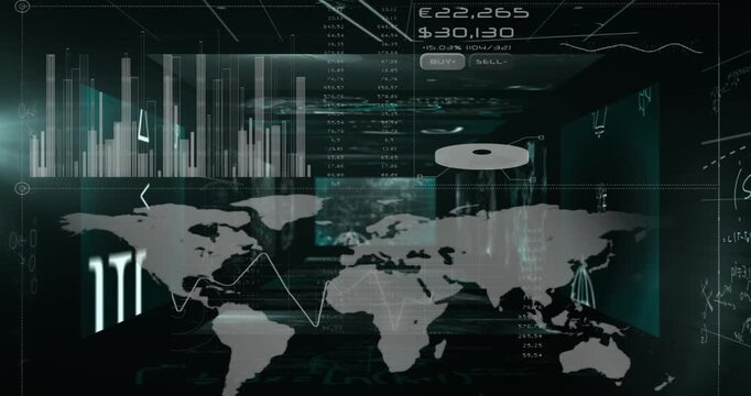 Animation of graphs, circle and numbers over map against mathematical equations in background