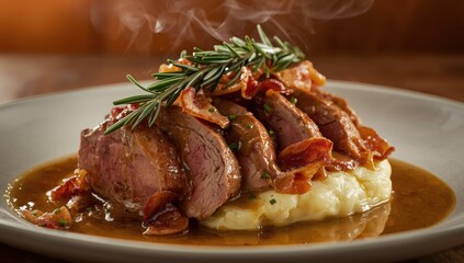 Fototapeta premium Pork loin with mashed potatoes, bacon, and mustard sauce topped with smoking rosemary