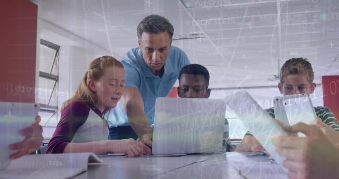 Animation of coding and graph over diverse male teacher explaining students over laptop in classroom