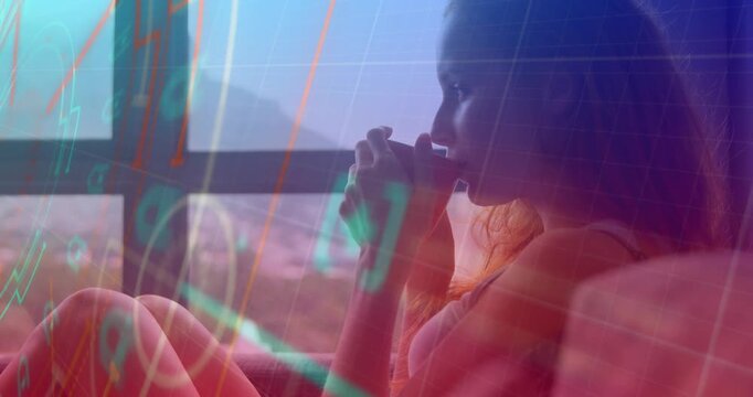 Animation of data processing over caucasian woman drinking tea