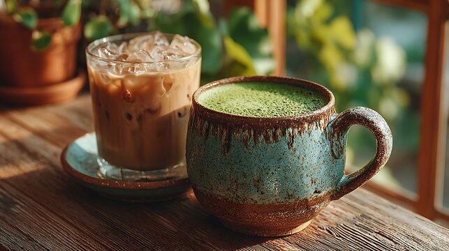 Coffee shop iced brew with vibrant matcha latte images