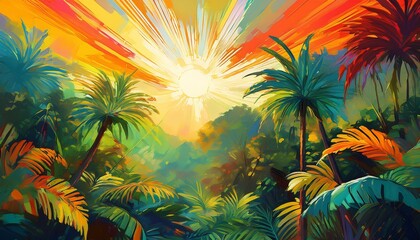 Obraz premium exotic jungle canopy painting with vibrant sun illuminating tropical foliage and rich textures in a unique expressionist style