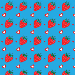 Red Strawberries Hearts Blue Pattern