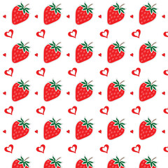 Seamless pattern with strawberries and tiny hearts on white