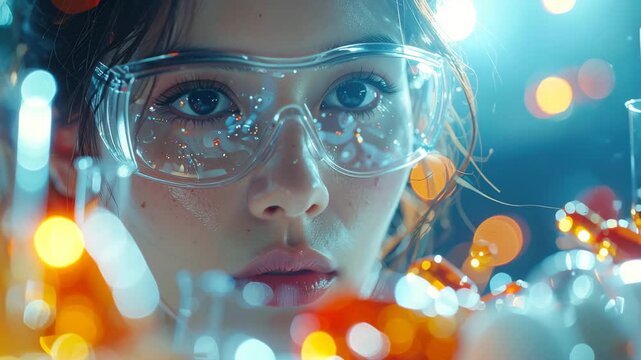 Scientist in the Lab: A focused scientist peers intently through safety goggles, surrounded by bubbling beakers and a mesmerizing bokeh of light.