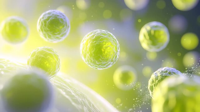 Microscopic Wonders: A captivating image showcases a cluster of vibrant, luminous cells, suspended in a fluid environment.