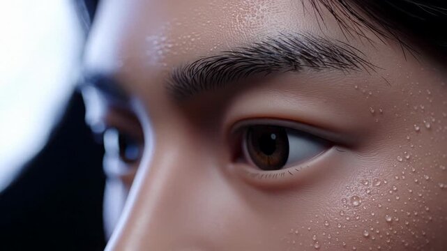AVATAR roboT face Closeup of young asian woman eyes with dewy skin and water droplets, beauty skincare concept for hydration and sensitive care, calm spa mood for self care