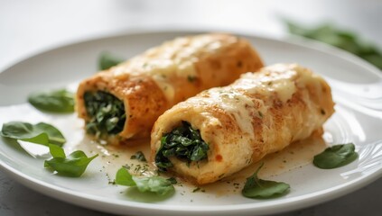 Spinach and cheese chicken rolls on a plate. Nutritious lunch. Low-carb diet