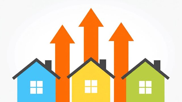 Colorful houses with rising orange arrows, representing growth or increase