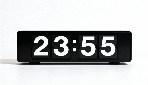 Minimal Flip Clock Showing 23:55 on White Background, Deadline and Time Pressure Concept