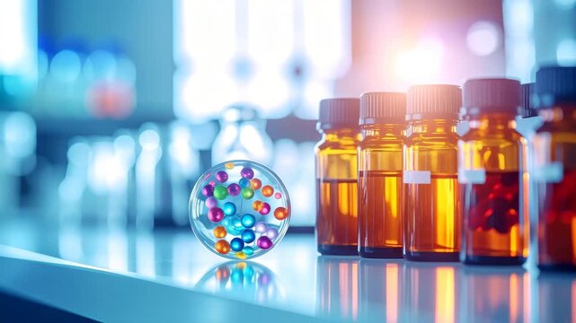 Scientific Formulation: A macro shot showcases a sphere filled with vibrant, colorful beads. Arrayed alongside are brown vials.