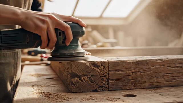 Close view of hands using orbital sander on rough timber in sunlit workshop, woodworking craft and home renovation task, warm dusty mood for Labor Day