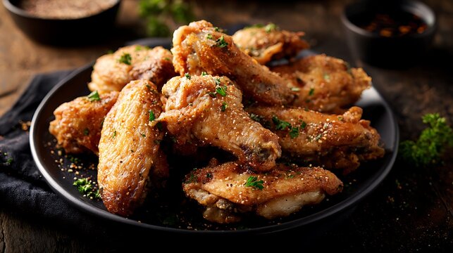 Plate of Crispy Fried Chicken Wings with Parsley Garnish photo 9e9a