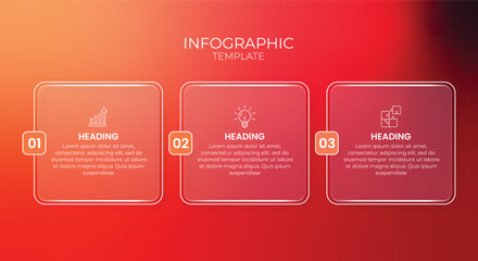 Modern three-step infographic template with gradient background, numbered glass panels, line icons, and clean layout for business workflow presentations.