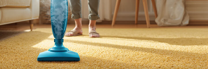 Close-up of steam cleaner cleaning soft carpet in living room, feet in slippers