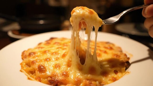 Hand using a metal fork pulls up a delicious serving of baked pasta covered with melted and stringy golden brown cheese topping