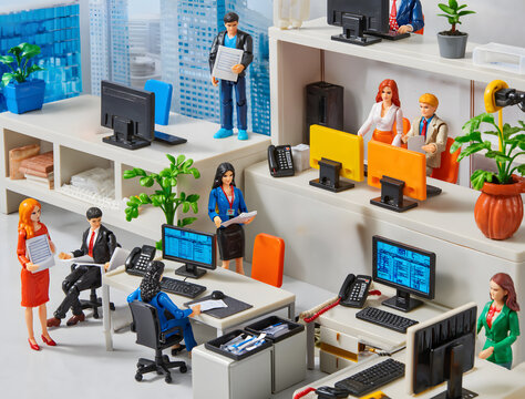 Office with plastic action figures, CGI, Toys