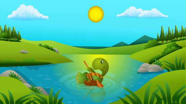 Cute Cartoon Turtle Floating on Lake Using Shell as Boat