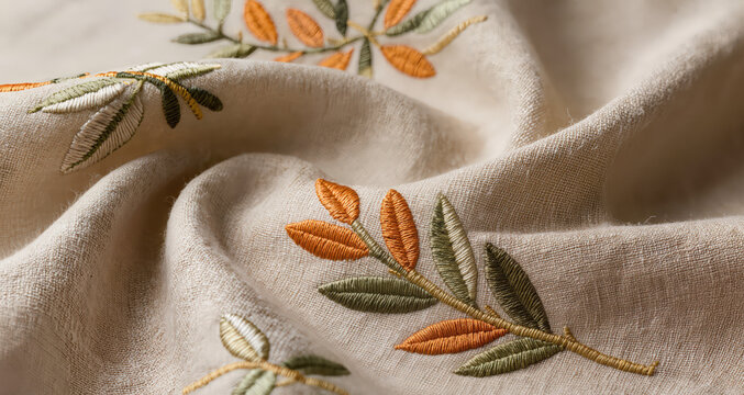 Close-up of embroidered fabric featuring leaves, with intricate details. Soft, natural lighting highlights the texture of the linen.