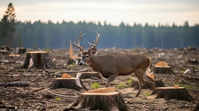 Majestic deer navigates through deforested landscape amidst stumps and barren trees