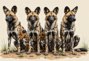 Family of african wild dogs, with mottled coat patterns