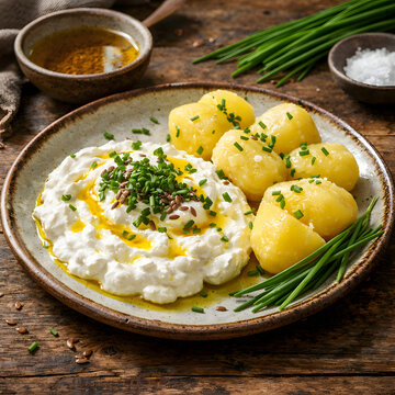 Ultra-realistic food photo of traditional Spreewald quark with linseed oil and boiled potatoes on a rustic ceramic plate, wooden table, fresh chives, natural daylight, authentic German cuisine.