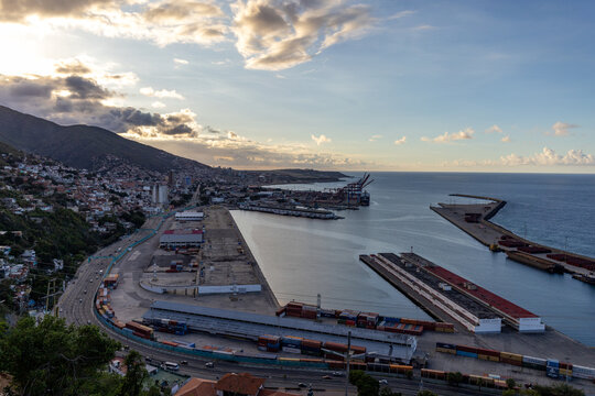 La Guaira, Venezuela. High-angle view of the Port of La Guaira and container terminal by the Caribbean Sea