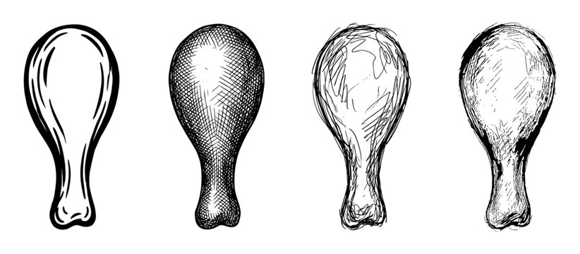 Four hand-drawn chicken drumstick illustrations in a black and white sketch style, showcasing different graphic techniques like outline, cross-hatching, and scribble for food concepts