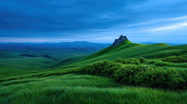 irish landmark photography, a majestic irish landmark, such as the rock of cashel, is bathed in green light at twilight to mark the holiday, set against a vibrant landscape
