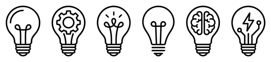 Collection of six minimalist light bulb icons drawn in a simple black outline style, symbolizing creativity, brainstorming, technology, and bright ideas