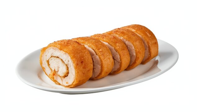 Chicken roulade is served on a plate against a white backdrop. The rolls are sliced into ovals, battered with egg, and fried