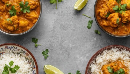 Obraz premium Vegetarian cauliflower curry with rice, cilantro, and lime on a grey surface, seen from above