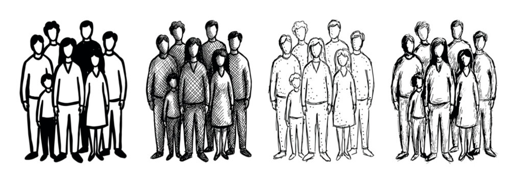 Four hand-drawn sketch illustrations of faceless people groups showing different ink drawing techniques like hatching, stippling, and solid black fill in a monochrome set
