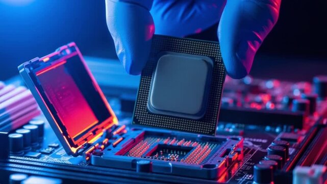 Technician holding microprocessor chip over motherboard with neon lighting