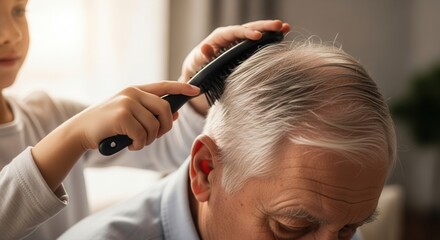 Fototapeta premium Elderly Man Getting Hair Brushed by Caregiver.