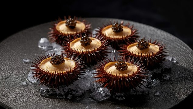 Fresh seafood featuring sea urchins and caviar on ice served on a black mica plate against a dark backdrop. Quality image