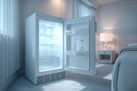 A mini fridge in a hotel room