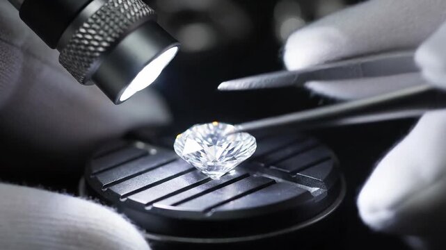 Close-up of sparkling diamond being inspected under light by gloved hands