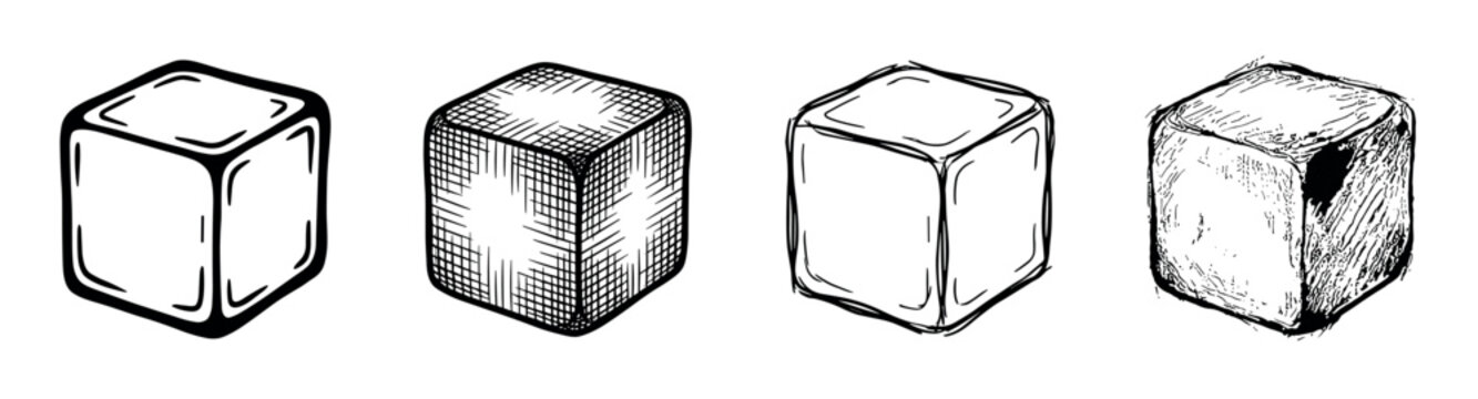 Four hand-drawn ice cube illustrations in a collection of different sketch styles, including clean line art, cross-hatching, and rough doodle textures for a vintage look